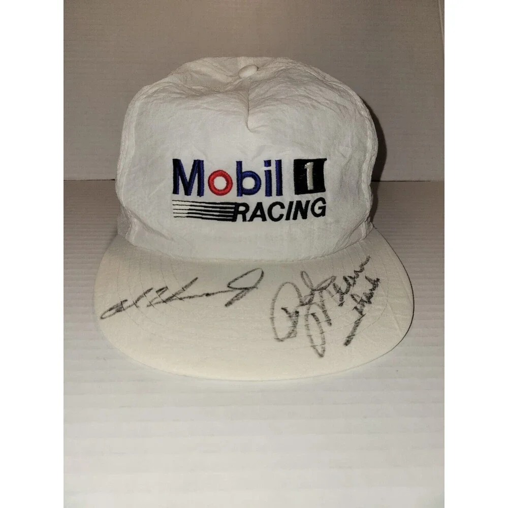 Vintage MOBIL 1 RACING White‎ Snapback Hat Nylon Autographed Race Car Drivers?